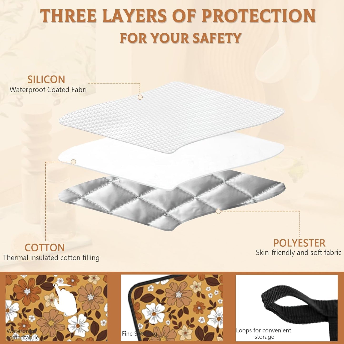 2 Pack Vintage Floral Pot Holders for Kitchen Heat Resistant, White Brown Flowers Potholders for Kitchens Washable for Cooking & Baking & Microwave