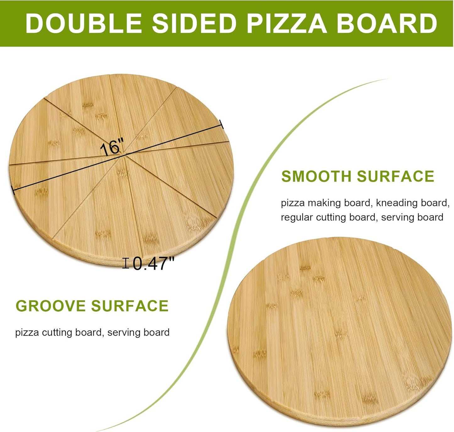 16"Double Sided Round Cutting Boards Large Pizza Cutting Board Pizza Server Bamboo Wooden 16inch Pizza Tray Cheese Platter Pizza Oven Accessories Kitchen Gifts Pizza Prep Board with Cutting Grooves