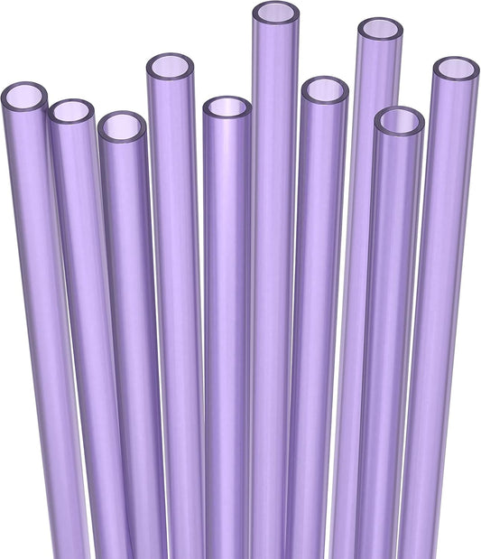 10 Long Reusable Hard Purple Plastic Drinking Straws, Medium Width + Sturdy Cleaning Brush - for Tumblers, Mason Jars, Smoothies and Milkshakes - Dishwasher Safe BPA Free