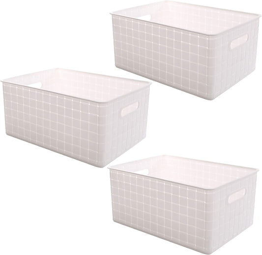 BINO | Plastic Basket, Large - White | 3 Pack | THE STABLE COLLECTION | Multi-Use Storage Basket | Rectangular Cabinet Organizer | Baskets for Organizing with Handles | Home & Office Storage Organizer
