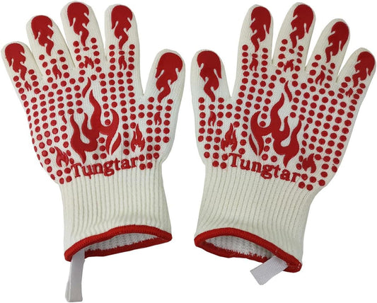 Ove Gloves mit BBQ Heat Proof Oven Mitts 11Inch 1472℉ guantes para Caliente Grill Proof Heat for Men Women BBQ Gloves Bake Gift Set Cooking Gloves for Cooking Grilling Baking Welding (White Red)
