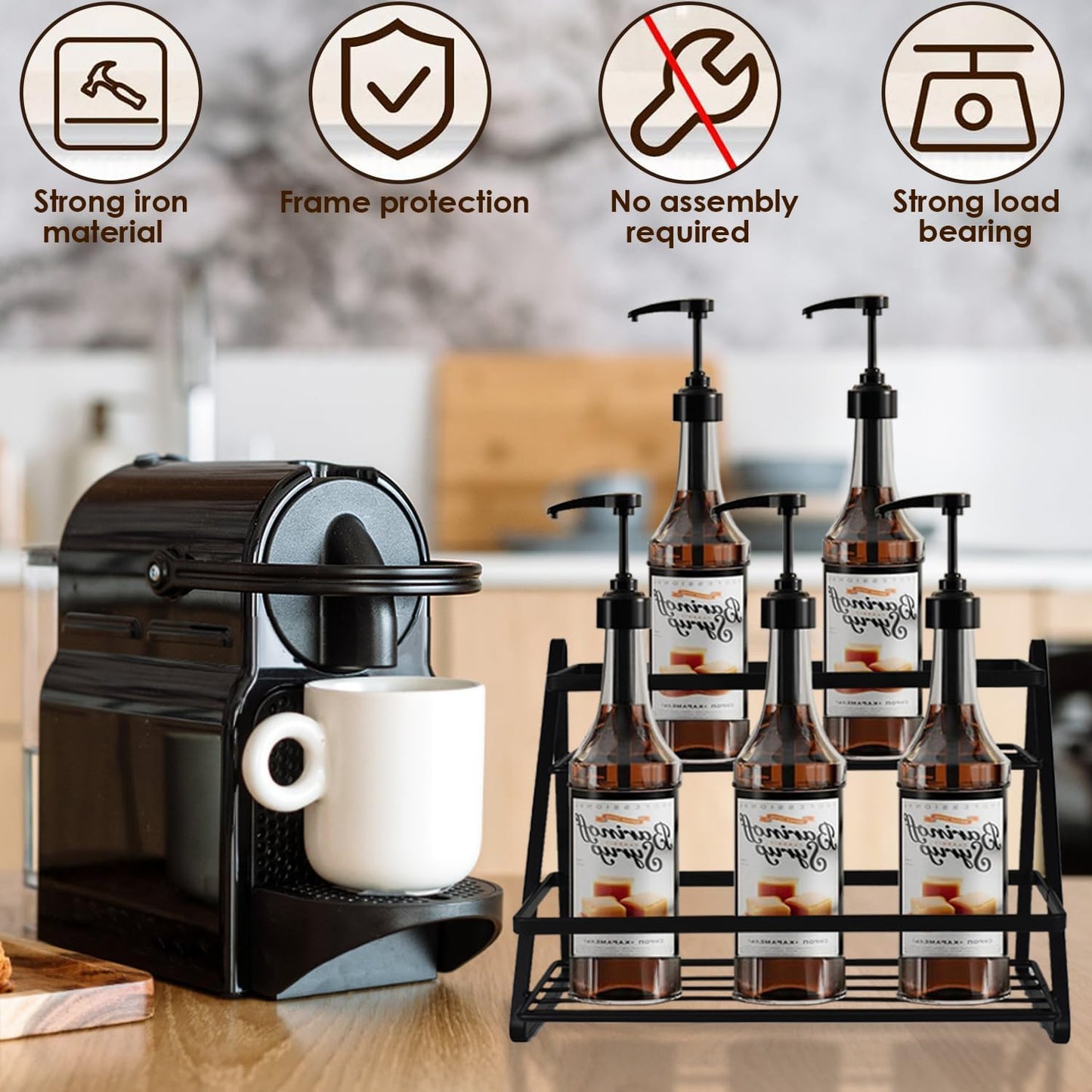 2-Tier Coffee Syrup Rack Organizer 6 Bottle Capacity,Sturdy Metal Storage Shelf for Coffee Bar,Multi-Use Kitchen Wine Rack for Syrups, Dressings, Condiments