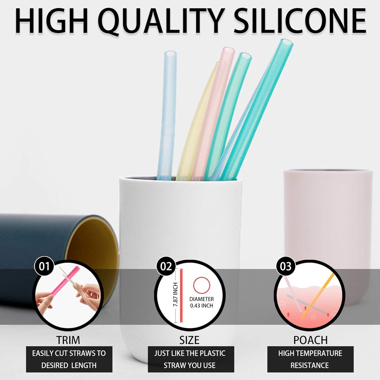 12 Pcs Eco Friendly Silicone Straws with 2 cleaning Brushes,Reusable Silicone Drinking Straws,for 20oz Tumblers,Yeti, Ozark, (Pure Multicolor, 7.87 inches)