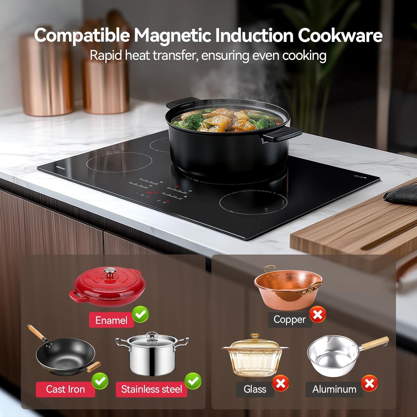 30 Inch Induction Cooktop 7400W, TECASA Built-in Induction Stovetop with 4 Boost Burner, Timer & Child Safety Lock, 9 Heating Level, Sensor Touch Control, 240V, Drop-in Electric Stove Top