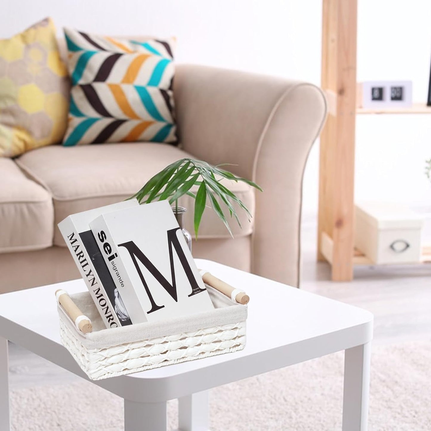 Storage Basket Wicker Baskets for Organizing with Handle Decorative Storage Bins for Countertop Toilet Paper Storage Basket for Toilet Tank Top Small Baskets Set (Set of 2,White)