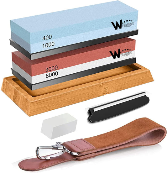 Wucgea Knife Sharpening Stone Kit - 400/1000 3000/8000 Grit Japanese Whetstone Sharpener set with Non-slip Rubber Base Angle Guide Flattening stone and Leather Strop…