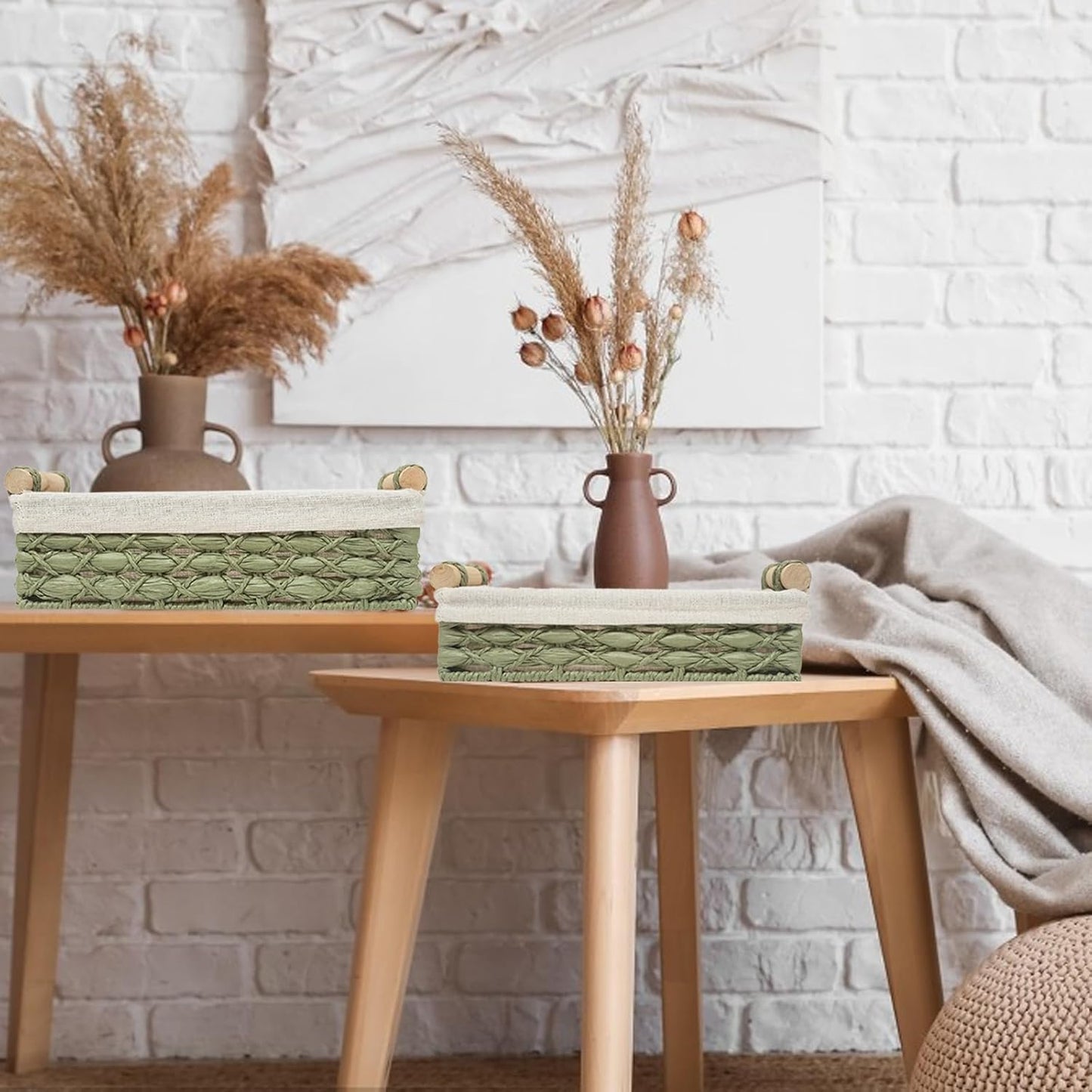 Storage Basket Wicker Baskets for Organizing with Handle Decorative Storage Bins for Countertop Toilet Paper Storage Basket for Toilet Tank Top Small Baskets Set (Set of 2,Green)