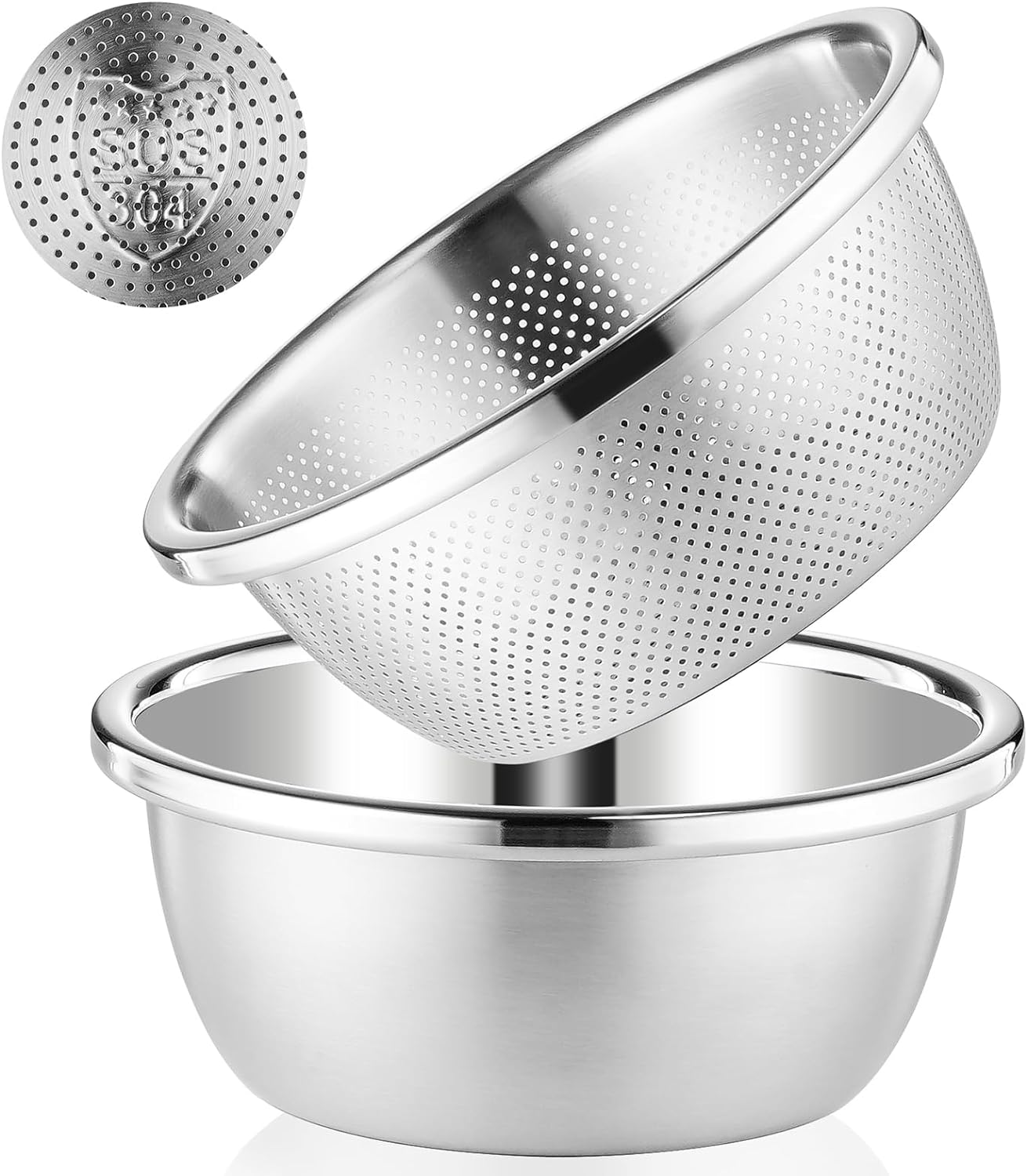 304 Stainless Steel Colander 5QT Microporous Colander & Large Bowl for Kitchen,Rice Strainer with Salad Mixing Bowl for Pasta Straining,Fruit Washing,Vegetable Draining,Food Mixing(2PCs)
