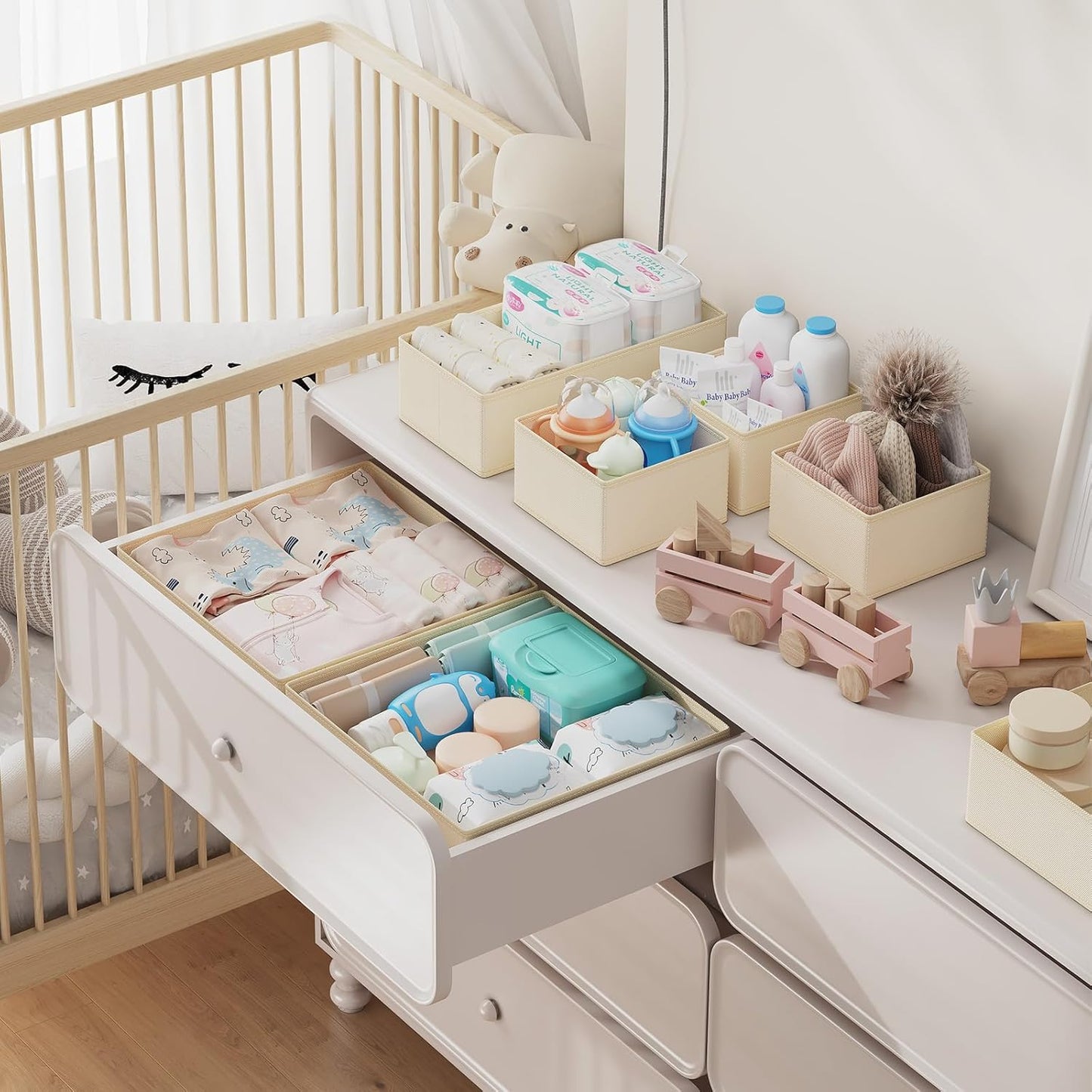 DIMJ Drawer Organizer Clothes, 20 Pack Dresser Organizer, Foldable Closet Organizers and Storage, Fabric Dresser Bins, Drawer Dividers for Nursery, Baby Clothes, Underwears, Sock (Beige)