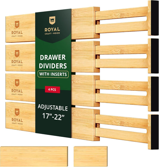 ROYAL CRAFT WOOD Adjustable Bamboo Drawer Dividers Organizers (17-21.5") with Inserts - Expandable Drawer Organization Separators for Kitchen Utensils, Clothes, 4-Pack