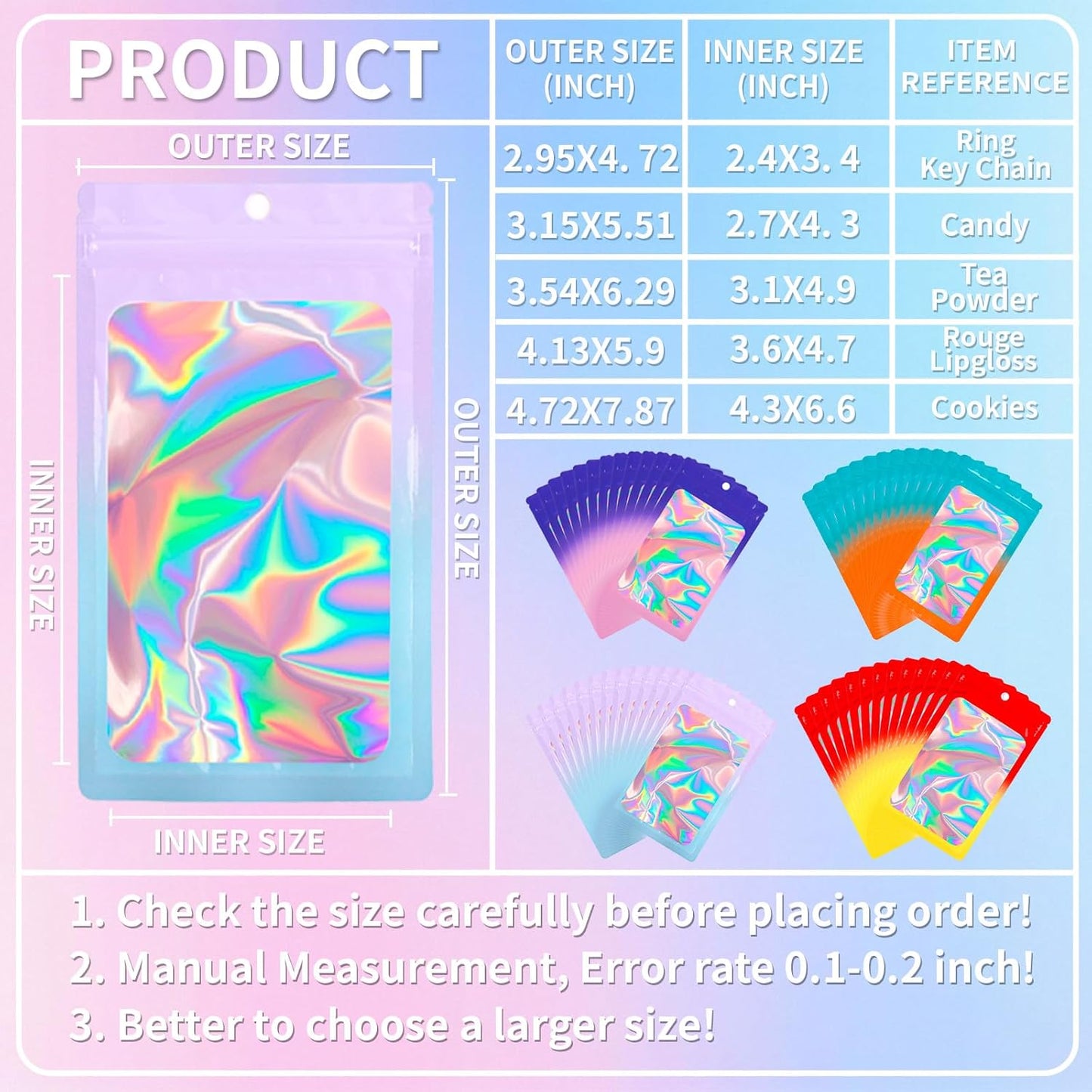 200 Pack Resealable Mylar Holographic Bags Food Storage Smell Proof Bags with Front Window Foil Packaging Pouch for Candy Sample Jewelry Small Business 4.72×7.87 Inch, Blue Fade Purple