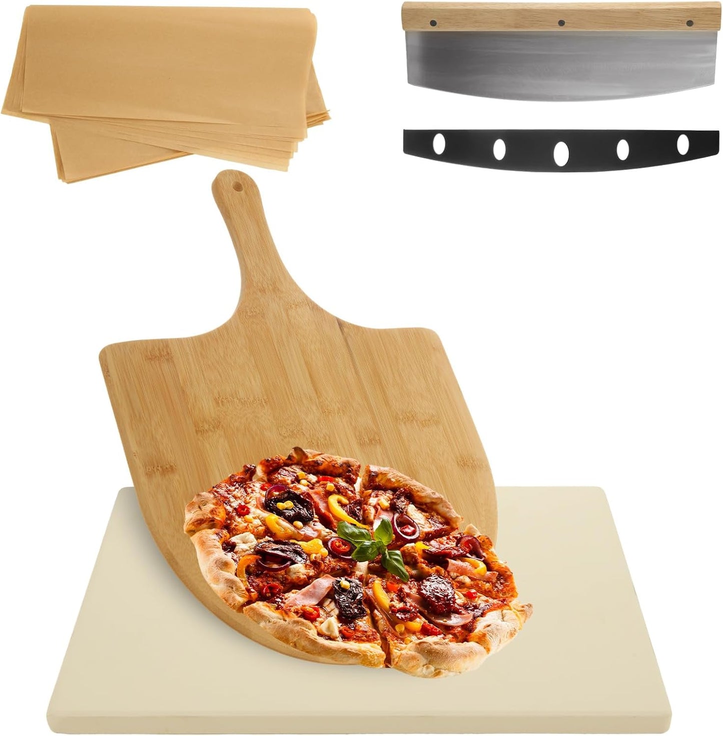 13Pcs Rectangular Pizza Stone for Oven and Grill, 15 x 12 Inch Pizza Stone Set with Pizza Peel, Grill Stone Baking Stone for Outdoor Grill for Pizza, Bread, 0.59'' Thickened Stone Pizza Pan