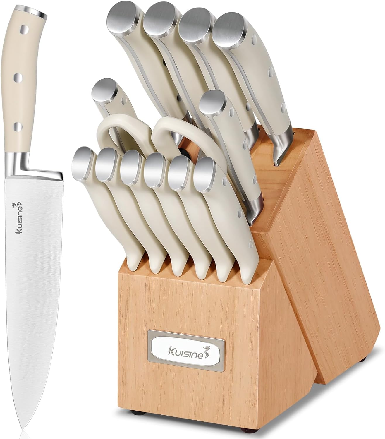 KUISINE Knife Set High Carbon Stainless Steel Sharper Blade Ergonomic Handle,Knife Block Set with Built-in Sharpener 2025 Upgraded (Ivory Pro Acacia,15PCS)