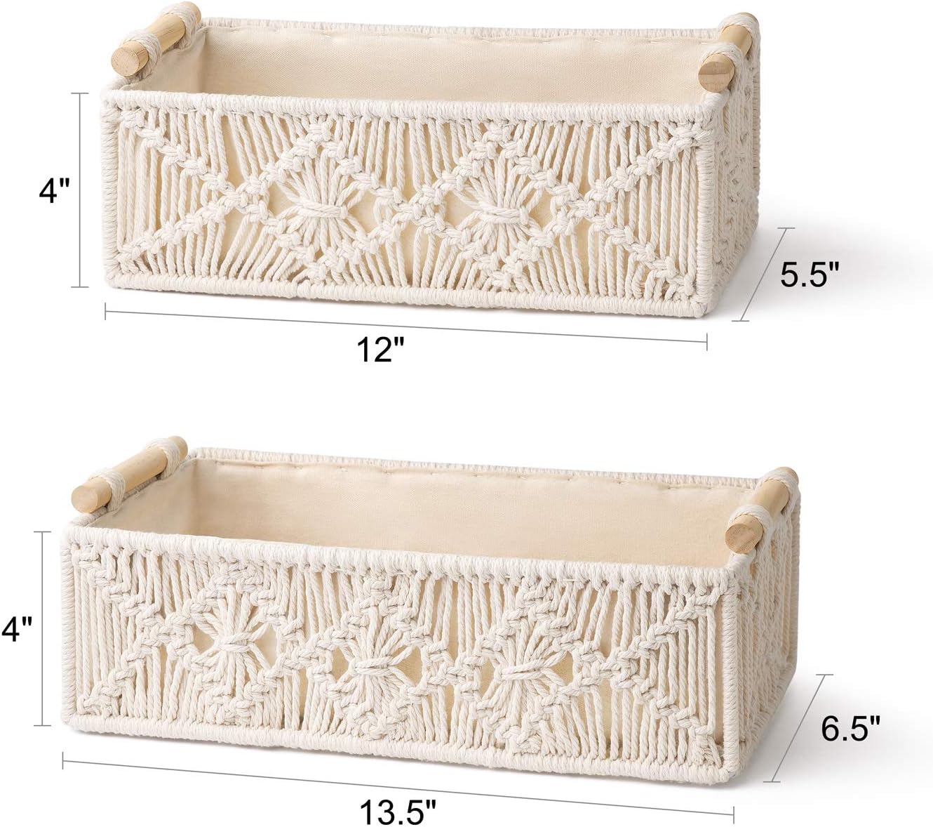 Mkono Macrame Storage Baskets Boho Decor Box Handmade Woven Decorative Countertop Toilet Tank Shelf Cabinet Organizer for Bedroom Livingroom Home, Set of 2, Ivory
