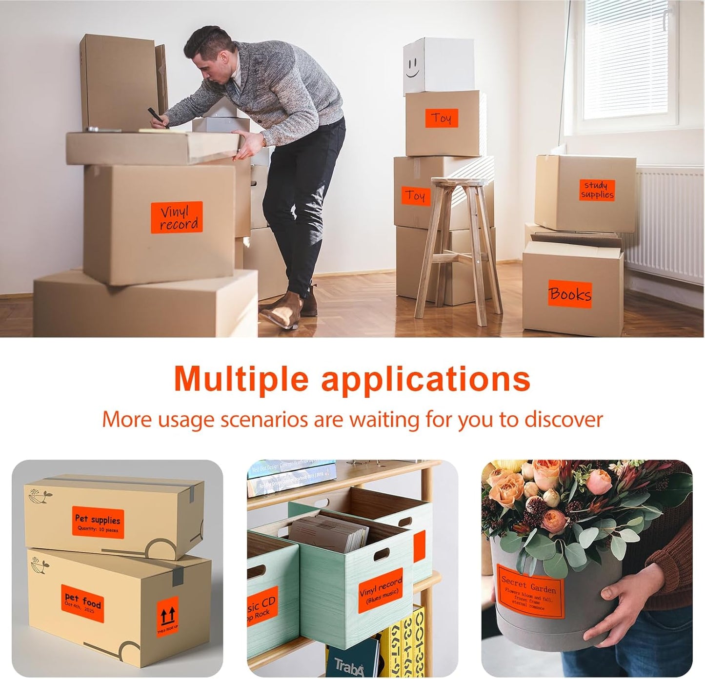 3 X 5 Inch Printable Waterproof Rectangle Color Coding Labels, 300 Per Roll Adhesive Color Coding Stickers for Bar-Codes, Address, Small Business Labeling, Fluorescent Orange