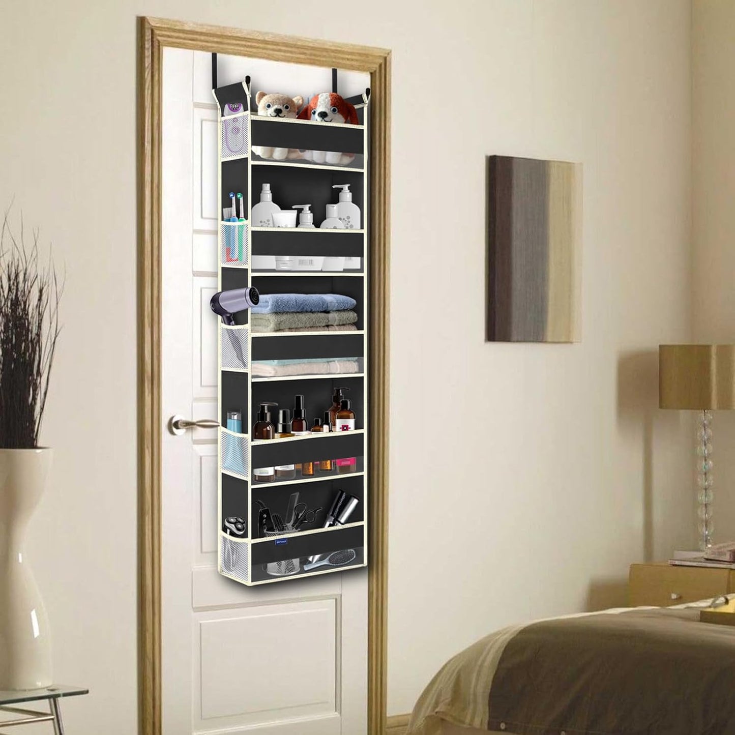 2 Pack Over The Door Hanging Organizer 5-Shelves and 10 Side Pockets, Over The Door Storage for Bathroom and Bedroom, Back of Door Organizers for Kid's Toys (13"x5"x44", Black)