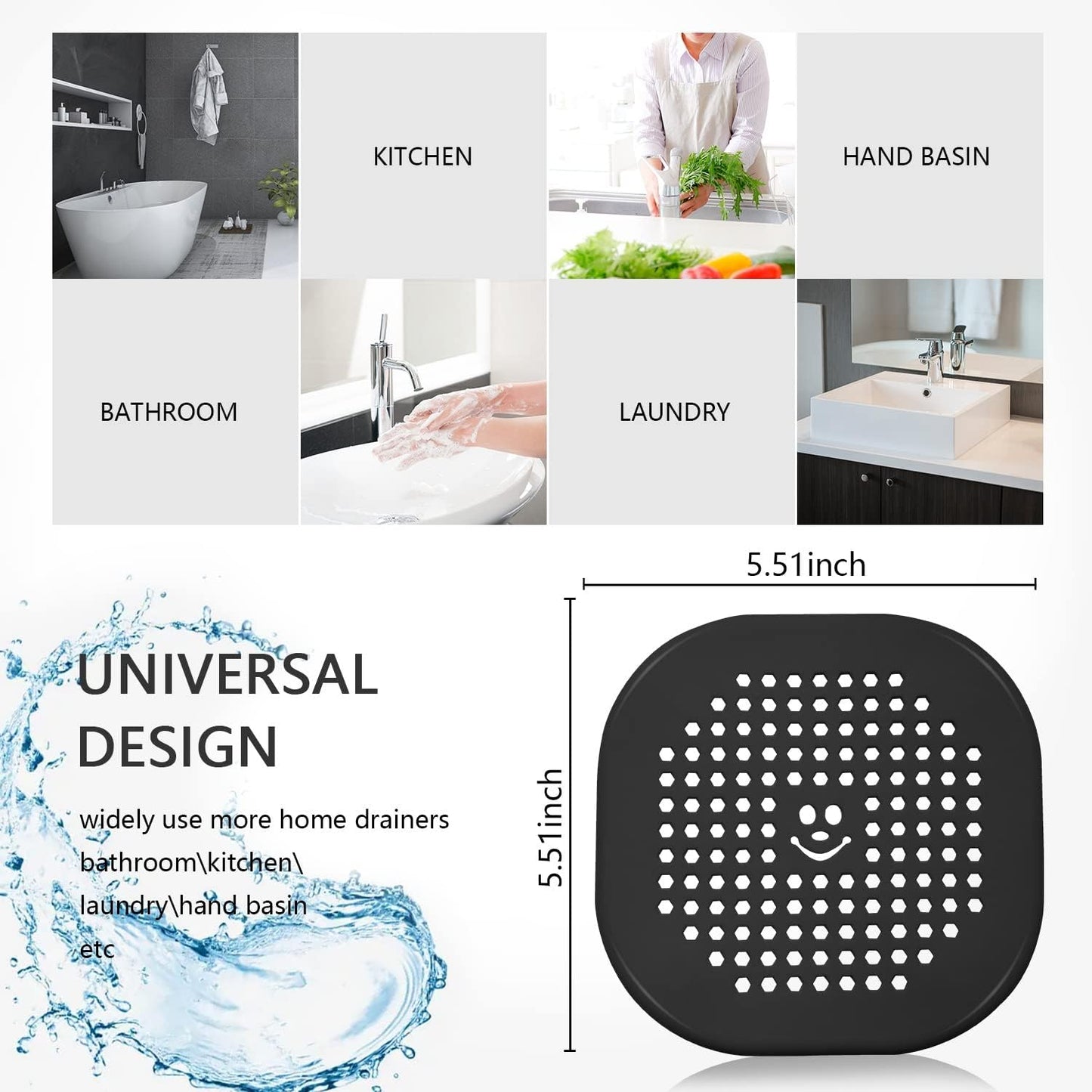 2 Pack Drain Cover Hair Catcher Silicone Drain Protector Hair Stopper for Shower Kitchen Bathroom Bathtub Black