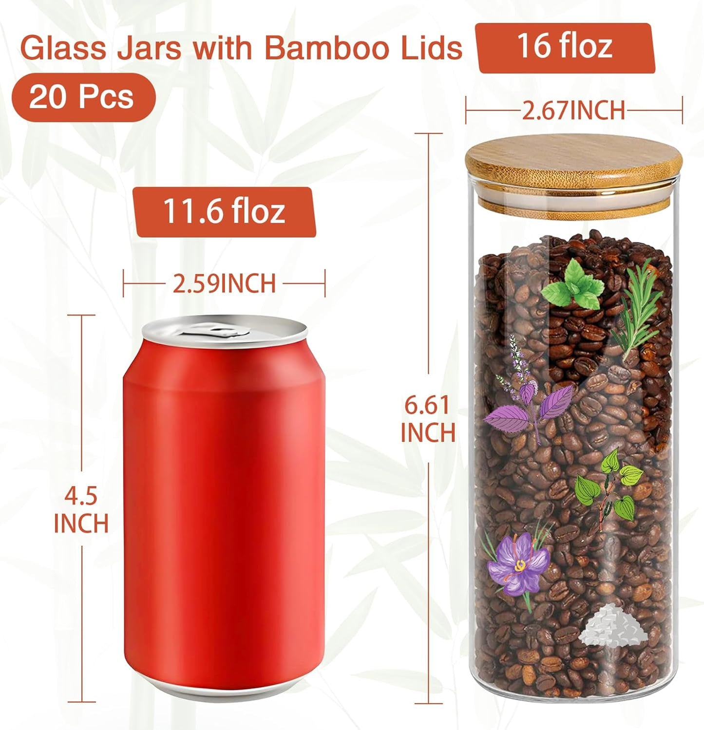 16 oz 20 pcs Glass Jars with Bamboo Lids, Stackable Clear Food Storage Jars, Airtight Kichen Glass Pantry Storage Containers with Lids for Rice, Candy, Sugar, Flour, Nuts, Cookie, Spice