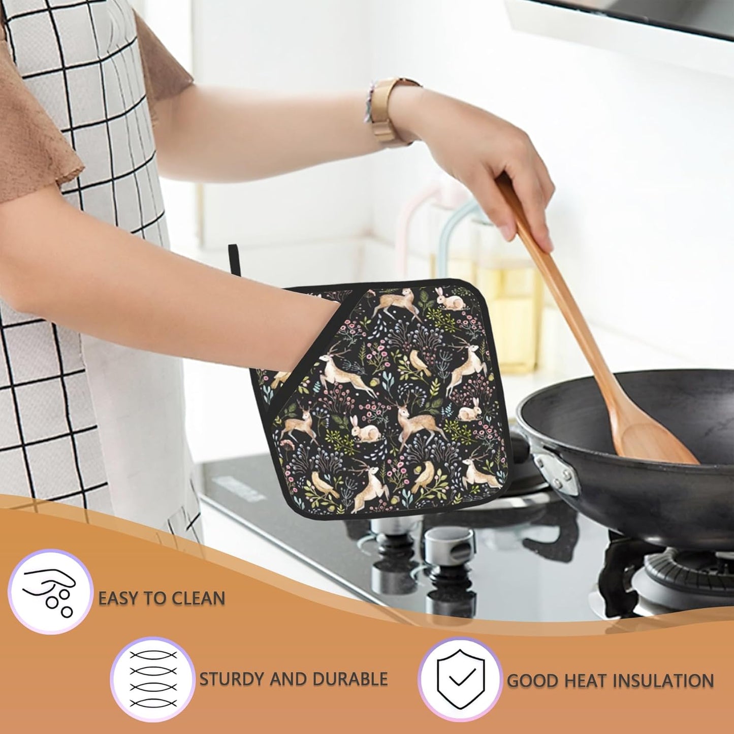 2PCS Forest Deer Pot Holder with Loop,Heat Resistant Oven Pads,Hot Pat for Kitchen Cooking Baking Food