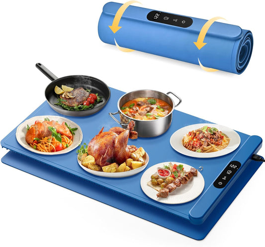 Upgrade Graphene Food Warming Mat, Fast Full Surface Heating Electric Warming Tray, Portable Rollable Food Warmer for Parties Buffet with 6 Temperature and Timer Settings, Gifts for Mom Wife
