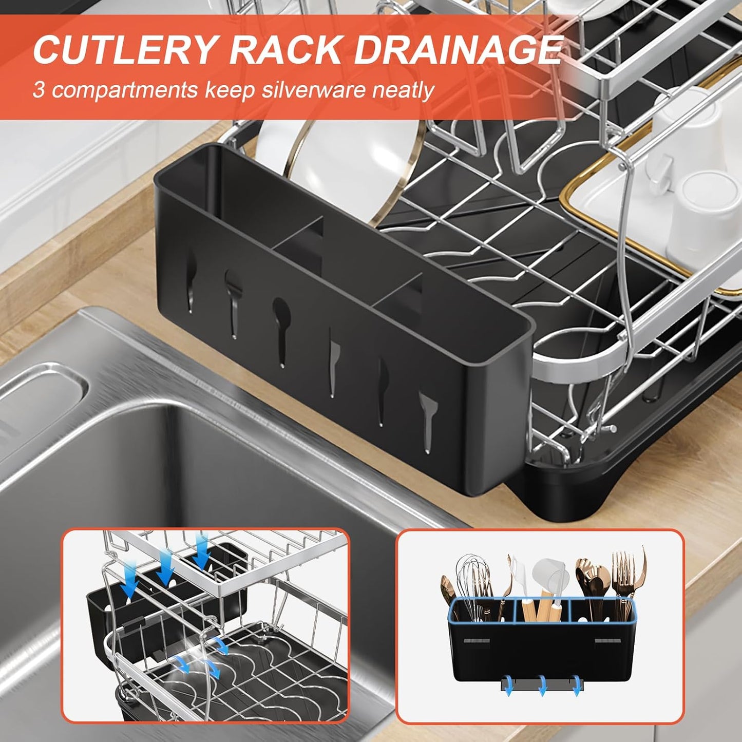 2-Tier Dish Drying Rack for Kitchen Counter, 304 Stainless Steel with Adjustable Drainboard, Removable Utensil Holder & Water Filter Tray, Black