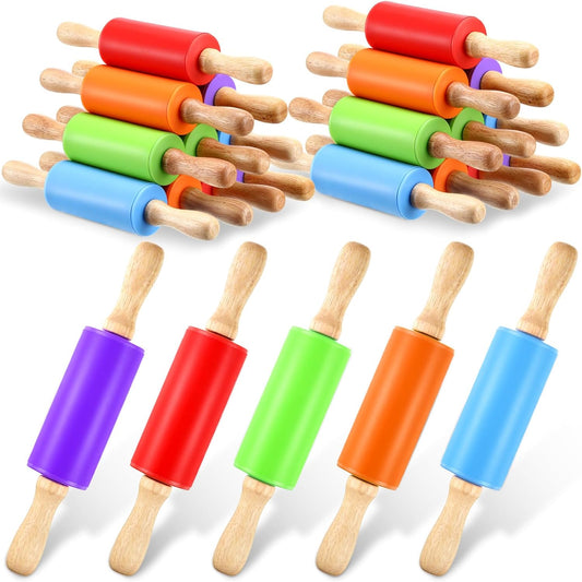 20 Pcs Small Rolling Pin Kids 9 Inch Mini Rolling Pin Silicone Wooden Cooking Pins Baking 5 Colors Non Stick Kids with Wooden Handle for Kitchen Dough Cookie Pastry Fondant Cake