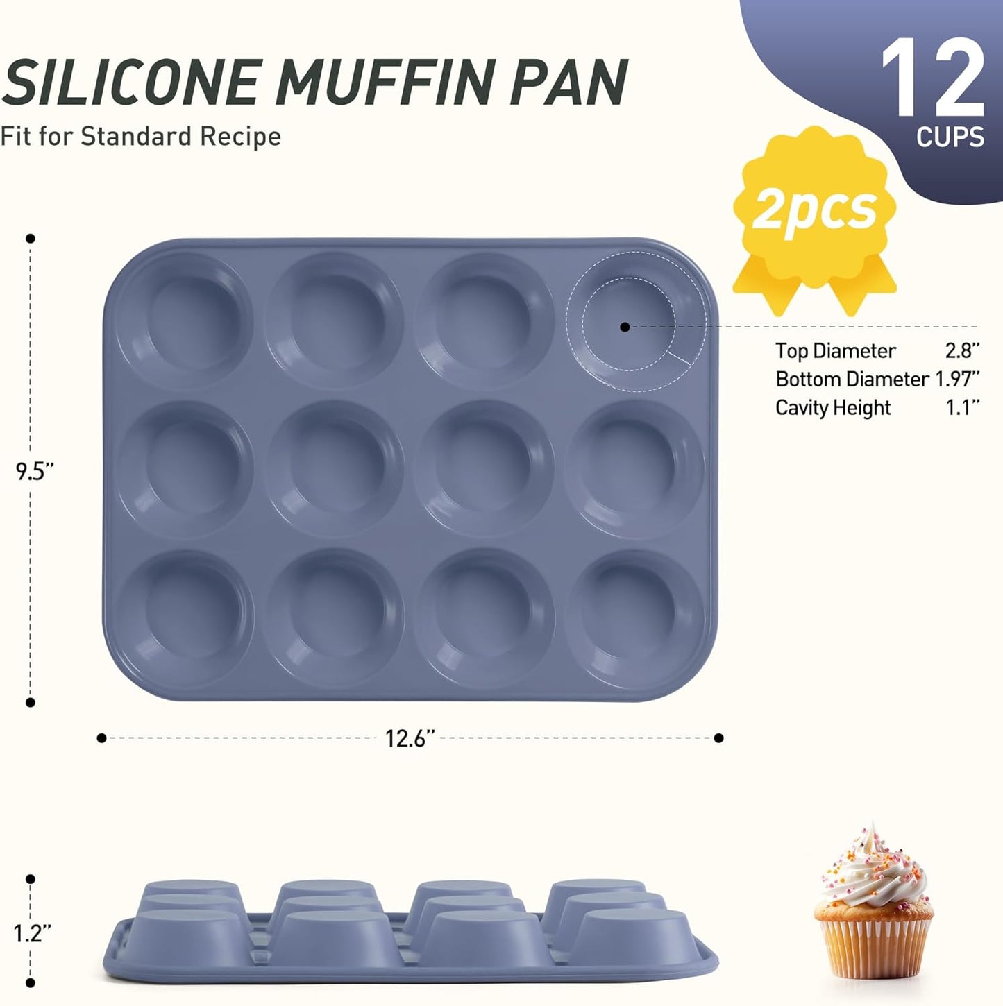 2 Pack 12 Cups Silicone Muffin Pan with Metal Reinforced Frame Regular Size Silicone Molds Cupcake Cake Baking Pans Baking Mold Best Baking Pans Tart Pan Sheet Set Reusable Cupcake Liners