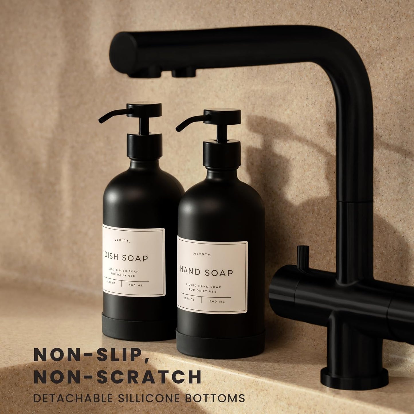 16oz Glass Soap Dispenser with Stainless Steel Pump, 21 Waterproof Labels, Non-Slip Protective Silicone Pad, Set of 2 for Bathroom & Kitchen (Matte Black Bottle/Black Pump)