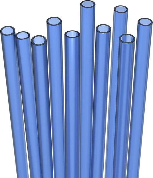 10 Short Reusable Hard Blue Plastic Drinking Straws, Medium Width + Sturdy Cleaning Brush - for Cocktails, Small Cups, Kids Drinks - Dishwasher Safe BPA Free