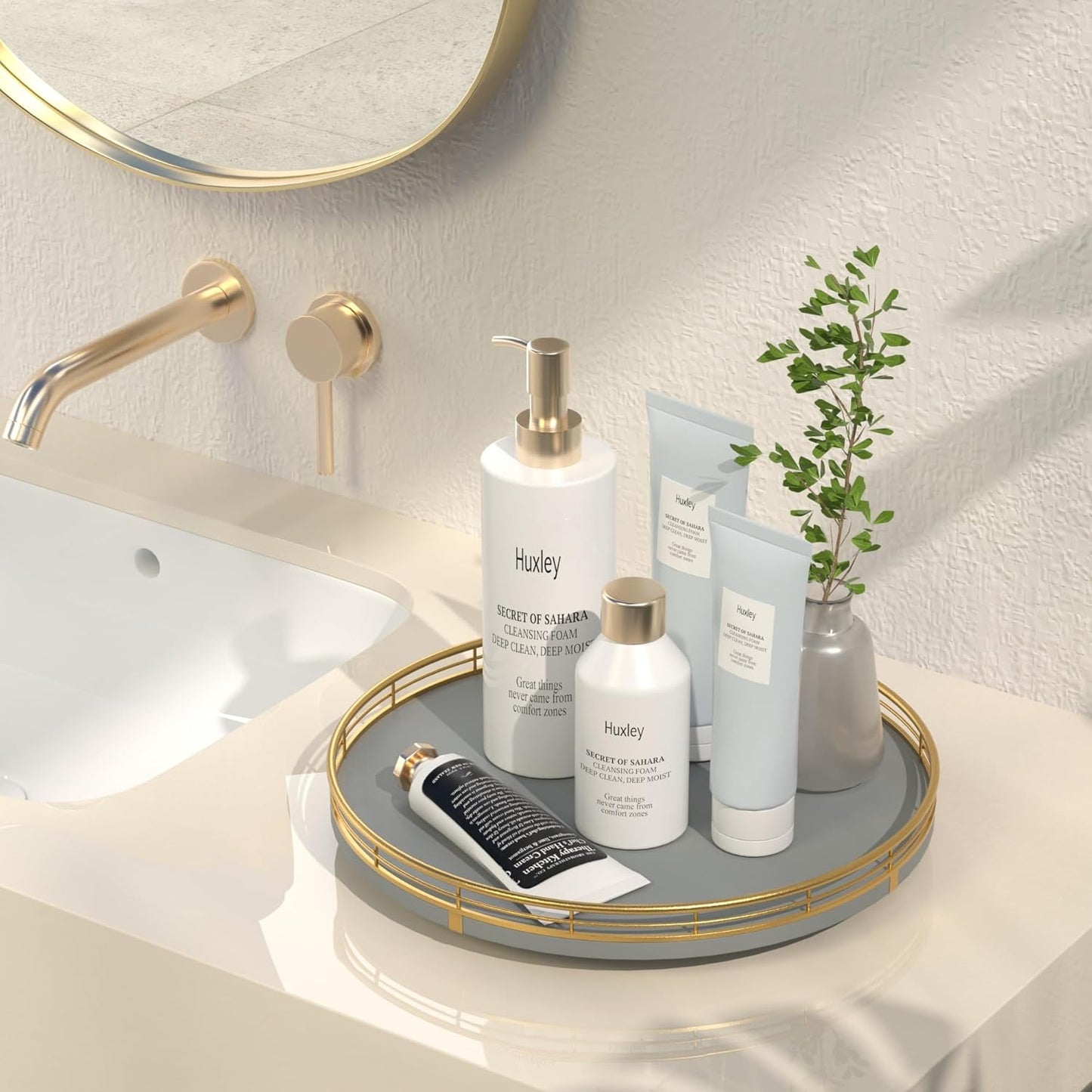 12" Wooden Lazy Susan Turntable for Cabinet – Roud Rotating Spice Rack Organizer, Gray Kitchen Countertop Tray for Dining Table & Pantry Storage （Gray & Gold）