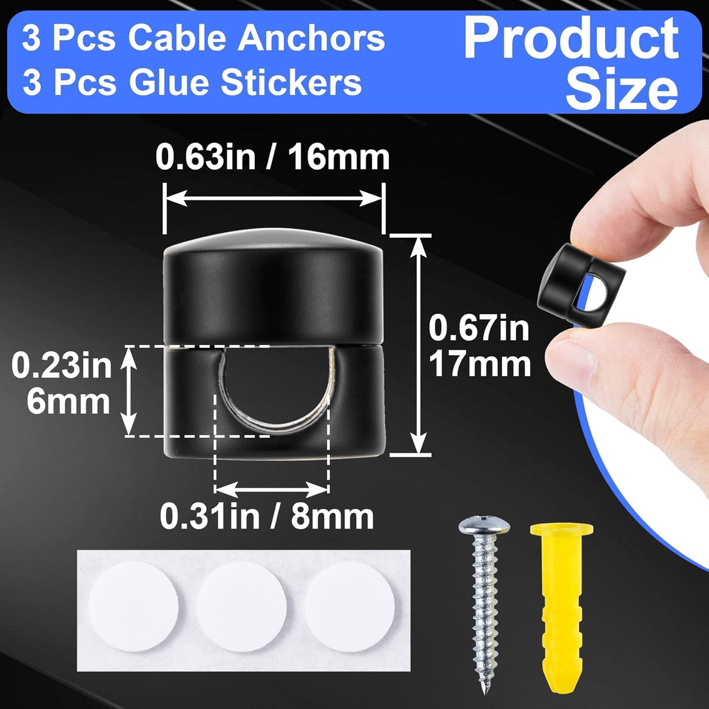 3 Sets Charger Holders for Cords, Matte Black Color Adjustable Cable Anchor Holders, Adhesive Metal Cord Clips, Cable Management Wire Organizers for Desk, Office, Nightstand