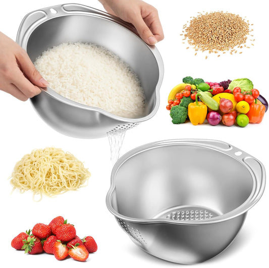 2 Pcs Rice Washer Strainer Bowl 4-in-1 Washing Bowl for Quinoa, Stainless Steel Rinser with Side Drainers Small Colander for Cleaning Fruits, Vegetables, and Beans - Versatile Kitchen Tool