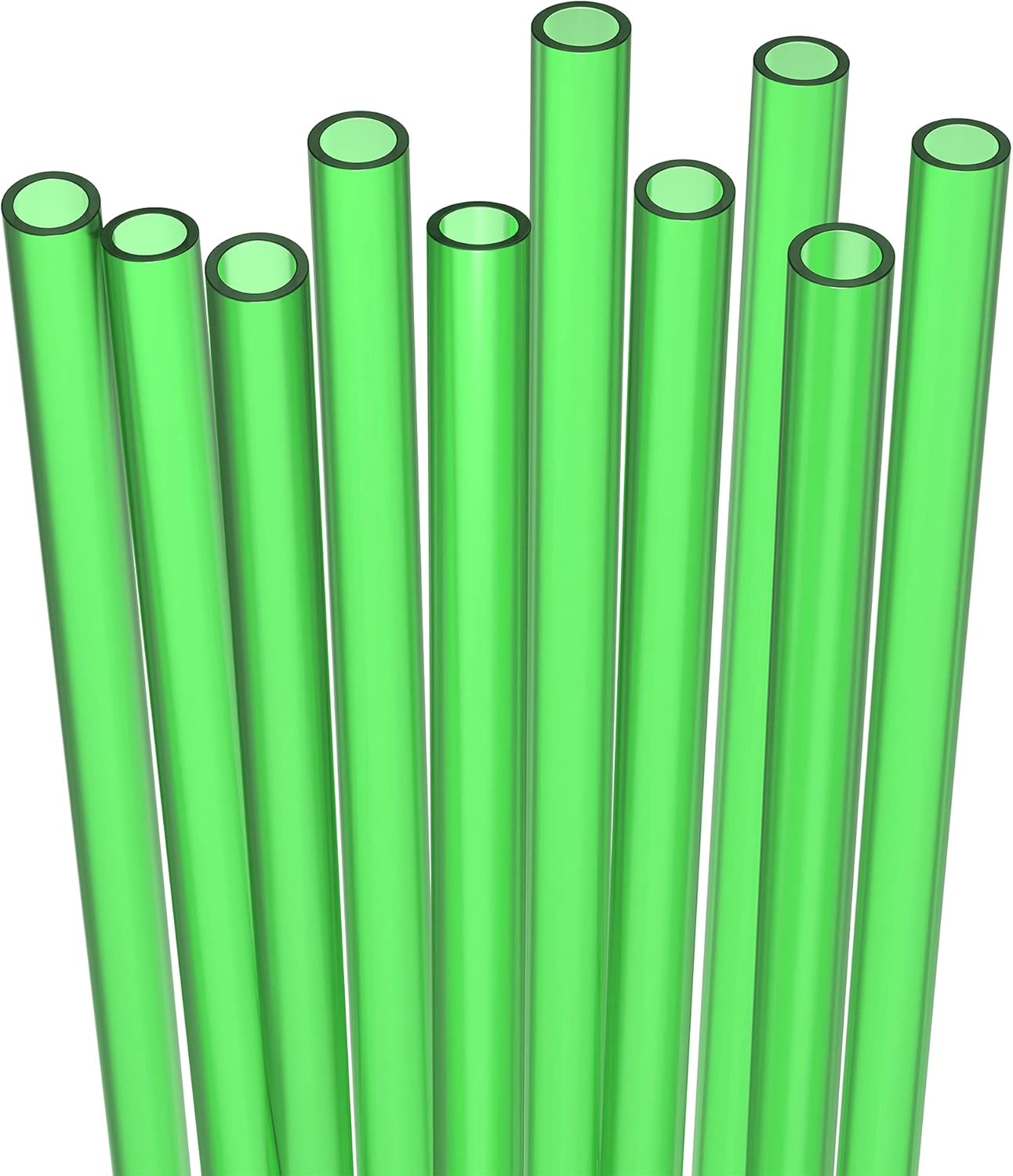 10 Short Reusable Hard Green Plastic Drinking Straws, Medium Width + Sturdy Cleaning Brush - for Cocktails, Small Cups, Kids Drinks - Dishwasher Safe BPA Free