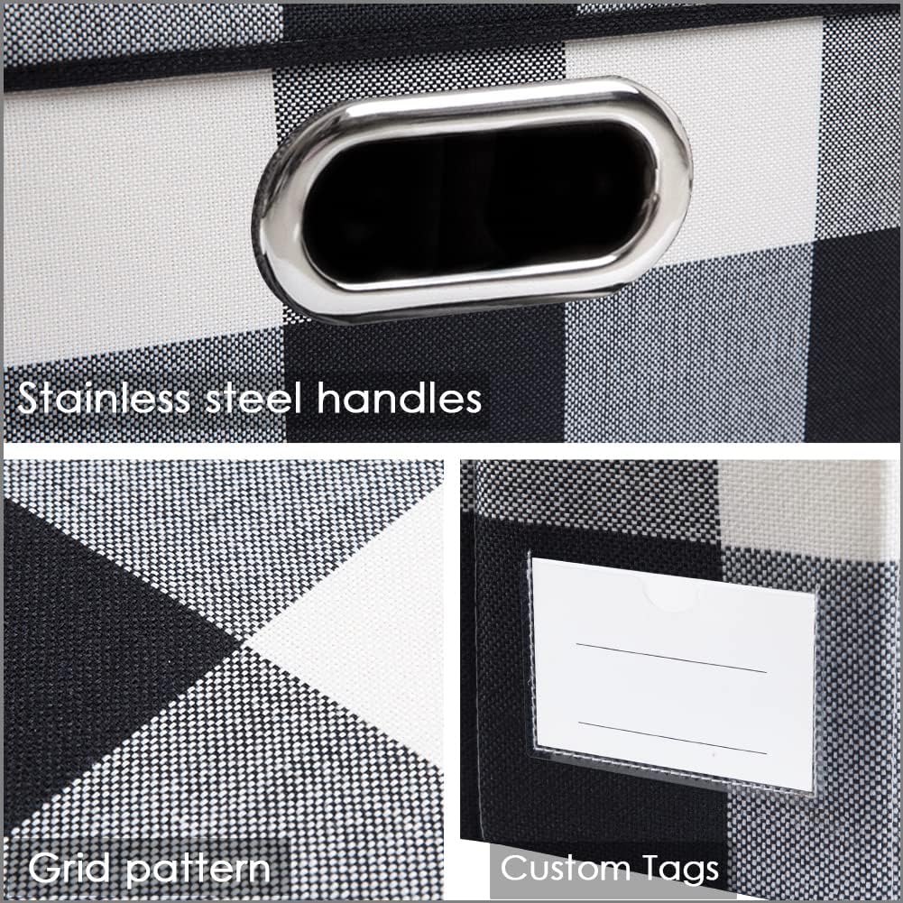 PRANDOM Large Collapsible Storage Baskets for Closet [3-Pack] Decorative Fabric Storage Bins Cubes with Leather/Metal Handles for Shelves Bedroom Living Room Black and White Grid (14.9x9.8x8.3 Inch)