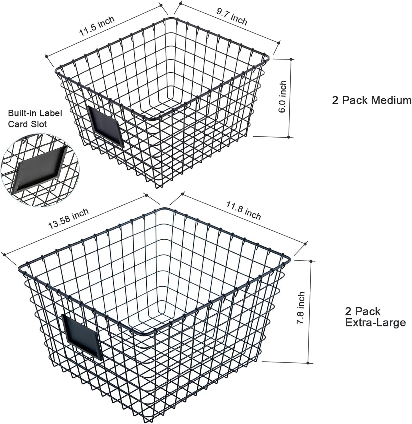 4 Pack【Extra-Large 2+2】 Wire Handmade Storage Basket for Organizing Household Goods,Pantry Organization,Bathroom countertop,Laundry,Wardrobe Storage Basket,Black