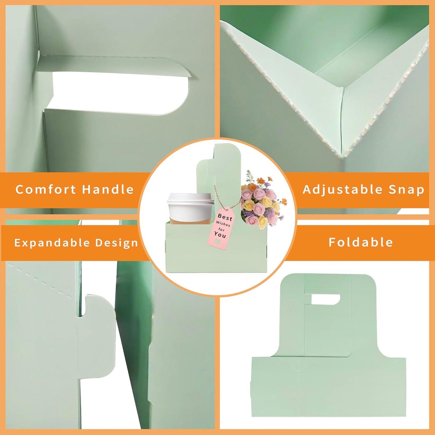 2 Cup Drink Carrier,16 Pack Coffee Cup Holders with Handle,Cardboard Cup Holders for Hot or Cold Drinks,Coffee Carrier with Ribbon and Card,Food Delivery Services and Bouquet(Green)