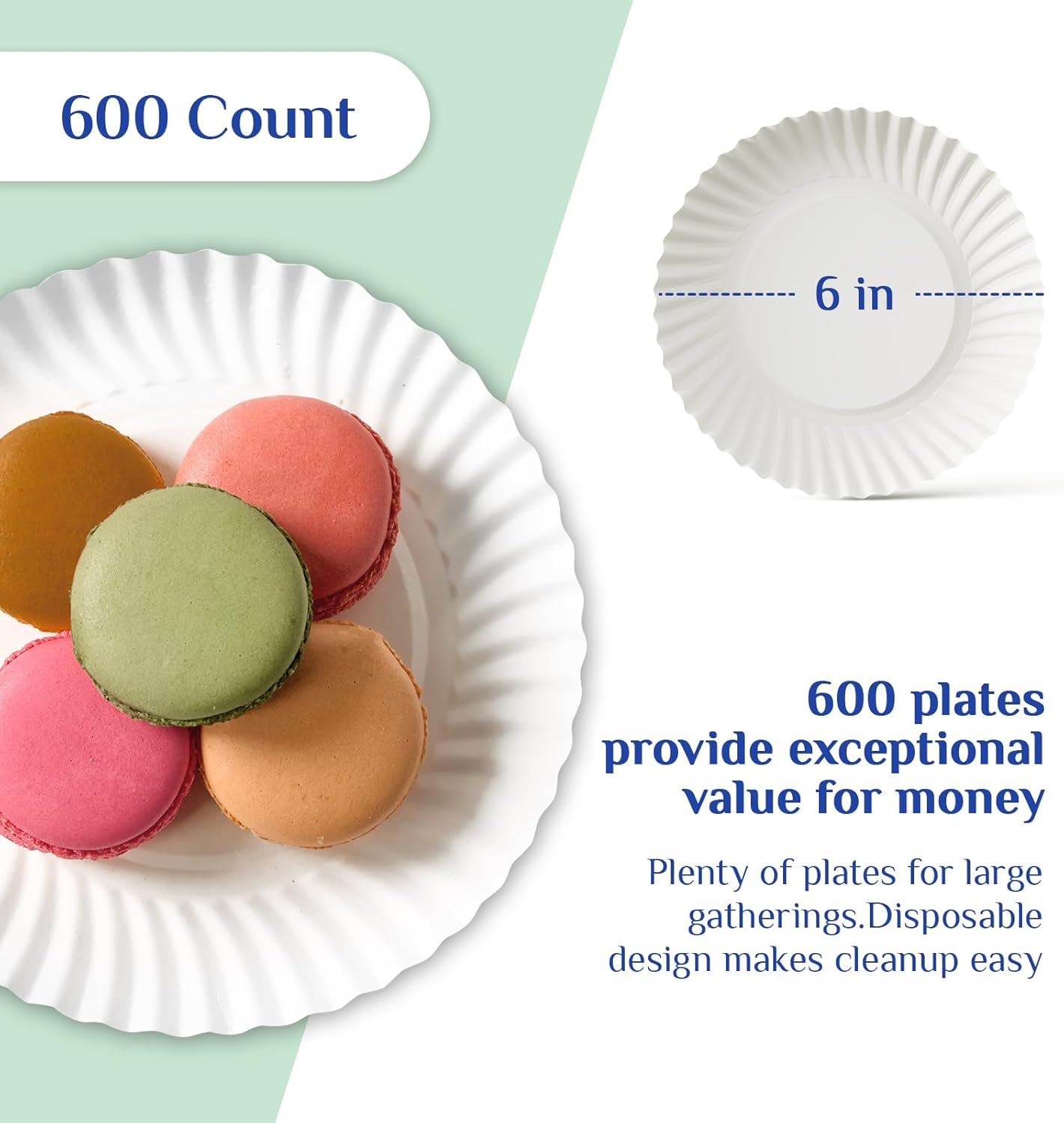 MUCHII 600 Count 6 Inch Paper Plates, White Uncoated Disposable Dessert Plates for Snacks, Cake, Candy