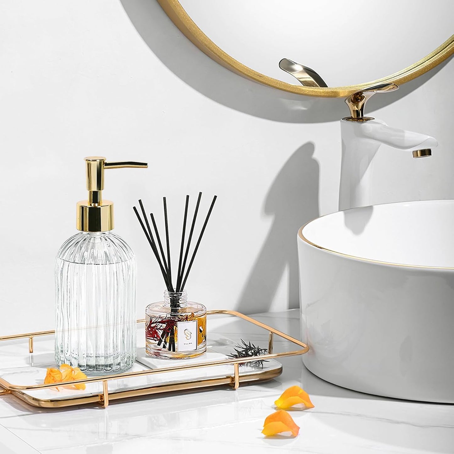 14Oz Gold Pump Glass Soap Dispenser, Clear Stripe Countertop Refillable Liquid Bottle Hand Dish Lotion Dispenser with Plastic Pump, for Kitchen, Bathroom