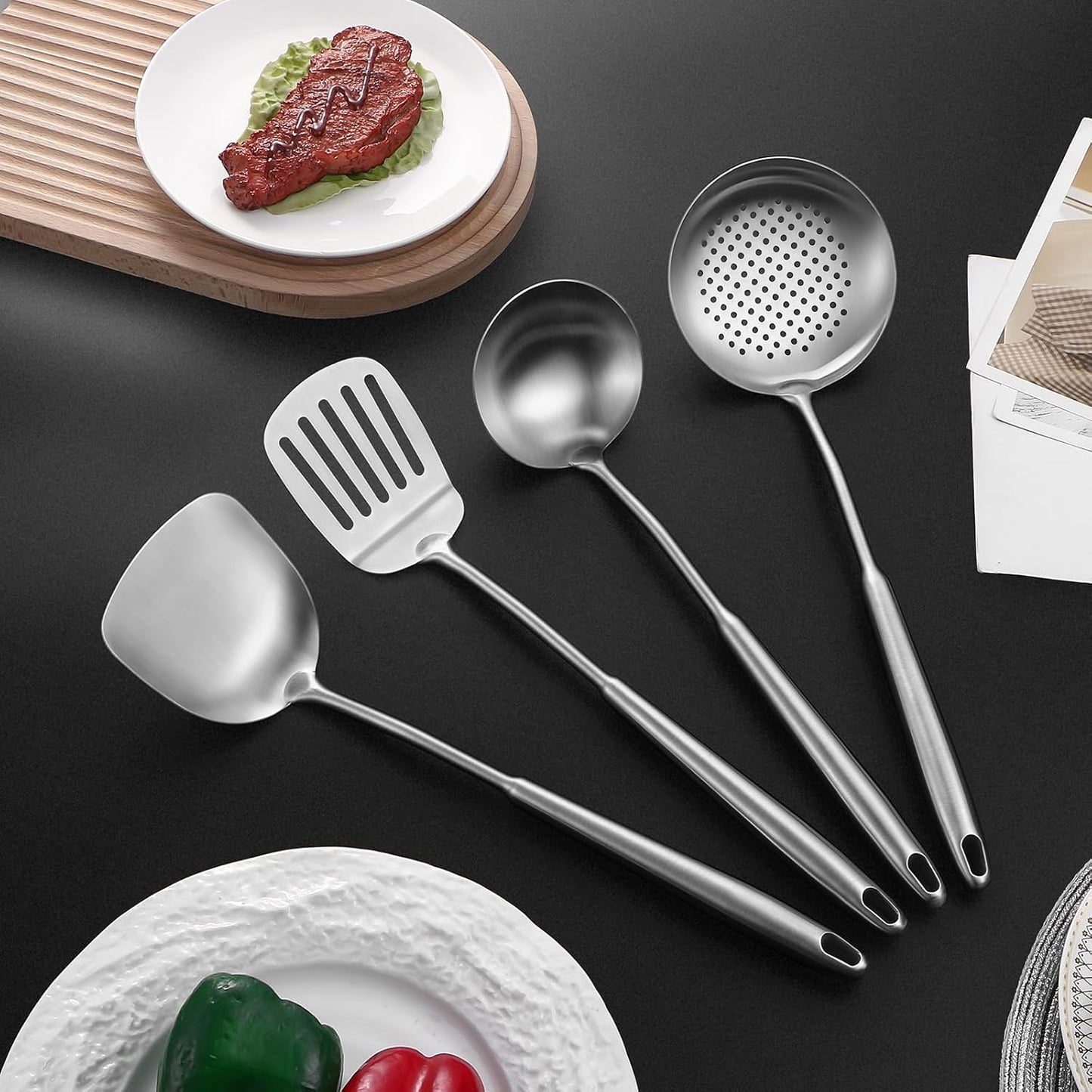 15" Wok Spatula and Ladle,Skimmer Spoon, Slotted Turner Spatula,304 Stainlss Steel Matte Kitchen Utensils Set,4PCS Wok Accessories,Cooking Utensils Tools