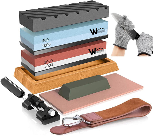 Knife Sharpening Stone Kit – 400/1000 3000/8000 Grit Wet Kitchen Whetstone Knife Sharpener Set with Non-slip Bamboo Rubber Base, Angle Guide, Flattening, Leather Strop and Cut Resistant Gloves