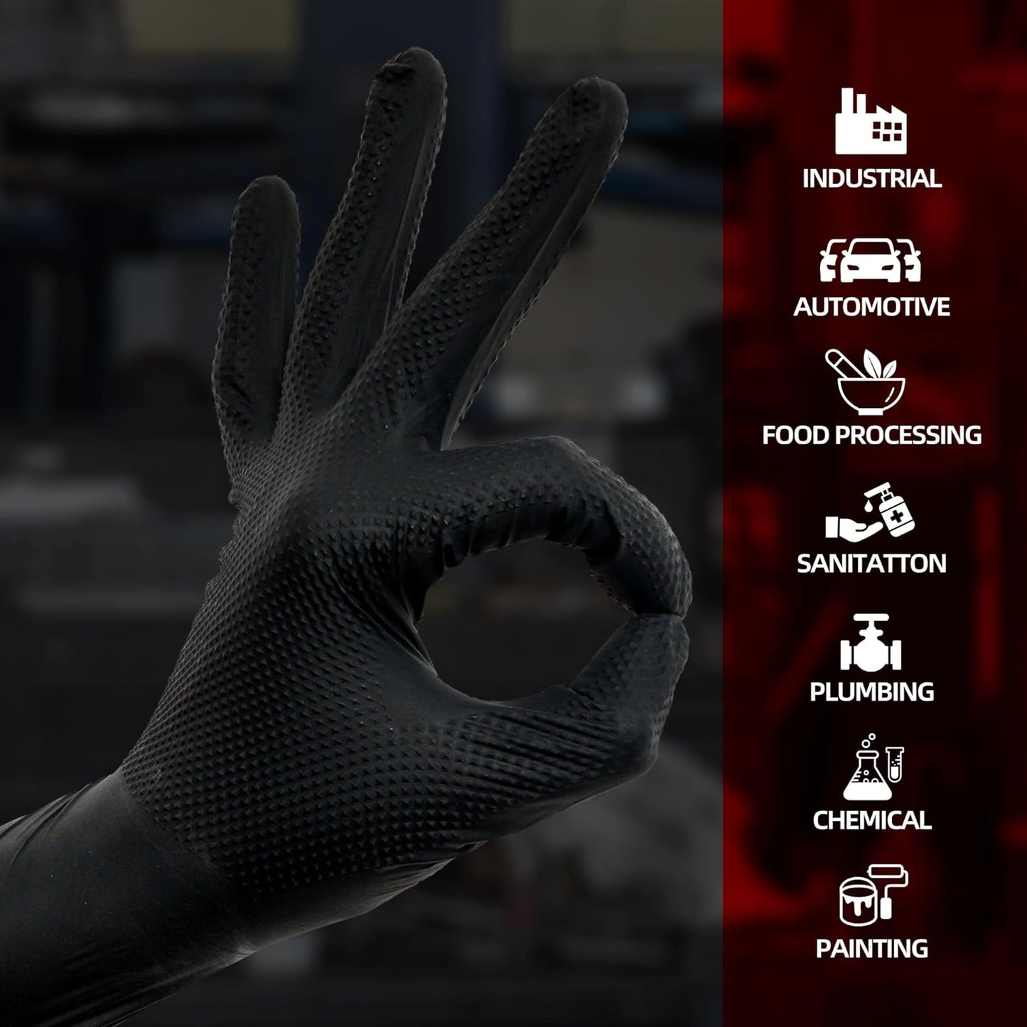 Jointown Basic Heavy Duty Nitrile Gloves, Mechanic Gloves 8 Mil Nitrile Disposable, with Raised Diamond Texture, Case of 100, Black, Large