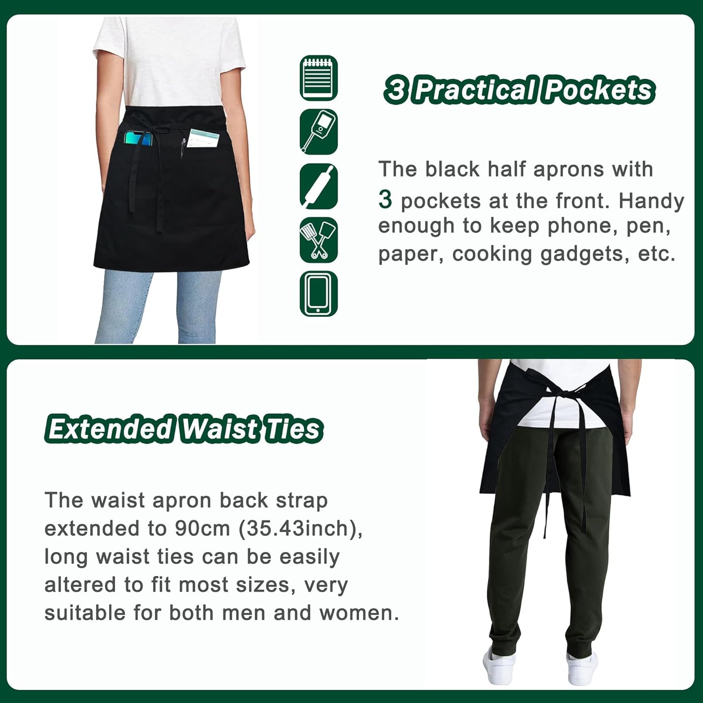 4 Pack Short Server Waitress Chef Apron, Black Waist Aprons with 3 Pockets for Women Men, Half Apron for Waiter Cooking Dishwashing Cleaning Painting Gardening Barbecue (Polycotton - Black)