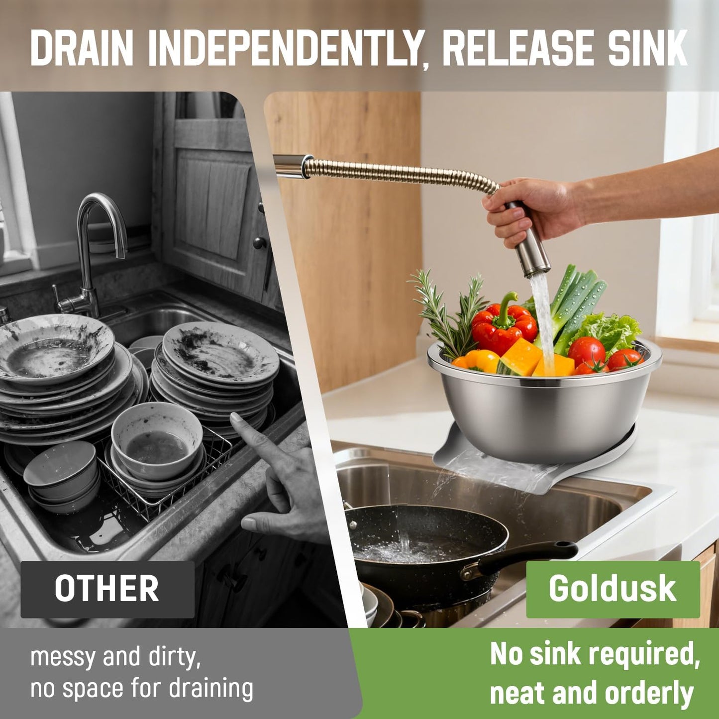 304 Stainless Steel Colander with Self-Draining Base, Goldusk 5QT Food-Grade Silicone Base Large Colander Strainer for Kitchen Pasta Strainer Washing Bowl for Pasta Rice Fruits Vegetables