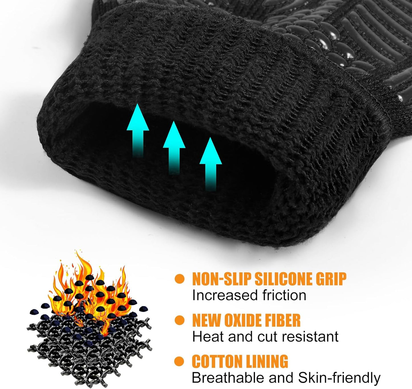 BBQ Gloves, Oven Gloves, 1472°F Extreme Heat Resistant Barbecue Gloves, Silicone Non-Slip Oven Mitts, Kitchen for Cooking, Grilling, and Baking (Black)