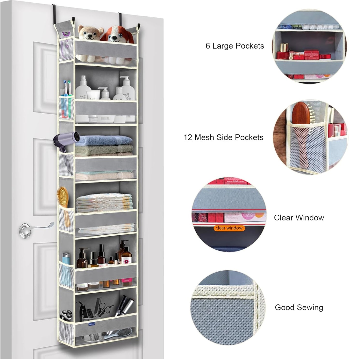 Over The Door Organizer 6-Shelves and 12 Side Pockets, Over The Door Storage for Bathroom Bedroom Nursery, Hanging Door Organizers for Baby Diapers and Kids Toys (13"x5"x54", Grey)