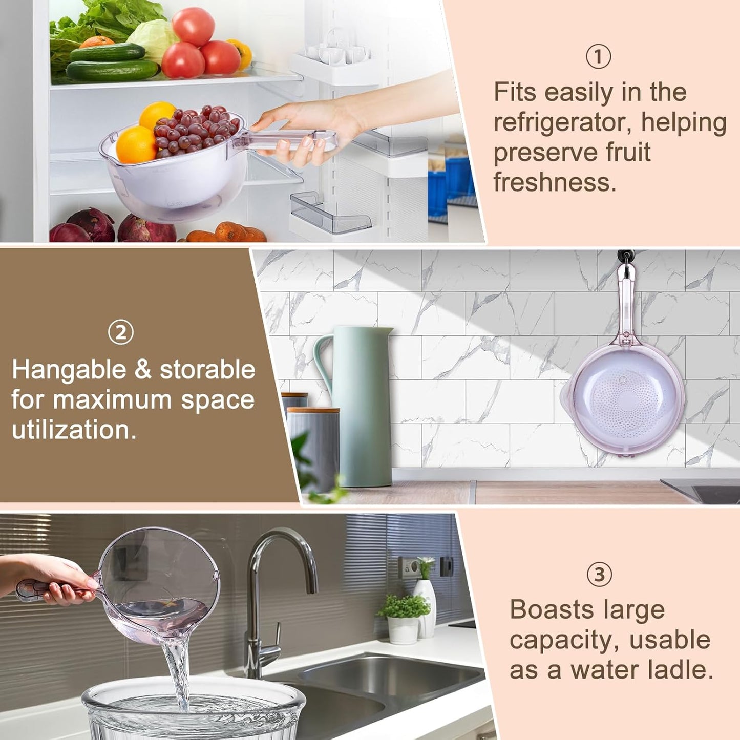 3-in-1 Kitchen Tool: Works as Rice Strainer, Fruit Washing Bowl with Strainer, Water Scoop. PET+PP Material, Rotatable Inner Basket for Easy Draining, Ideal for Rinsing Rice, Washing Fruits/Veggies.