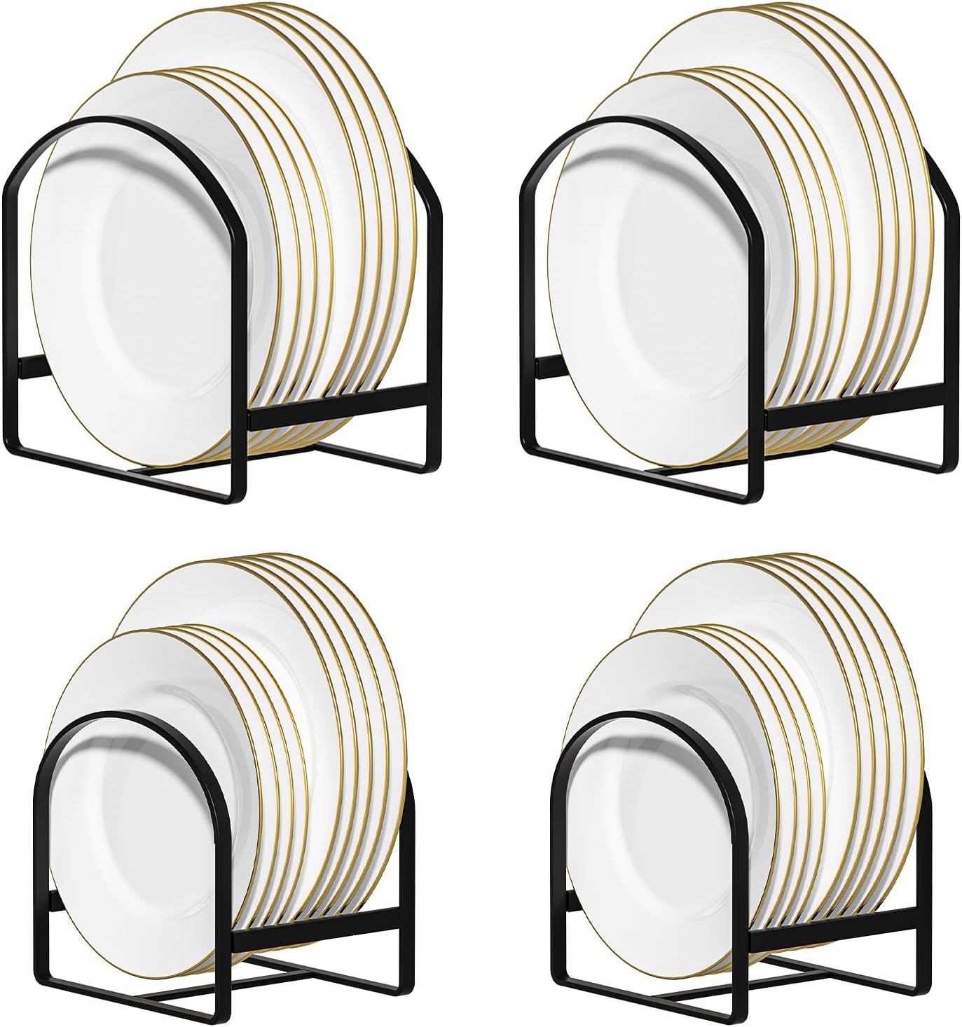 4 Pack Kitchen Plate Holder Organizer for Cabinet Space Saver Dinner Dish Plate Storage Rack Upright Dish Drying Racks Metal Dish Racks Stand for Cupboard and Countertop 2 Large 2 Small Black