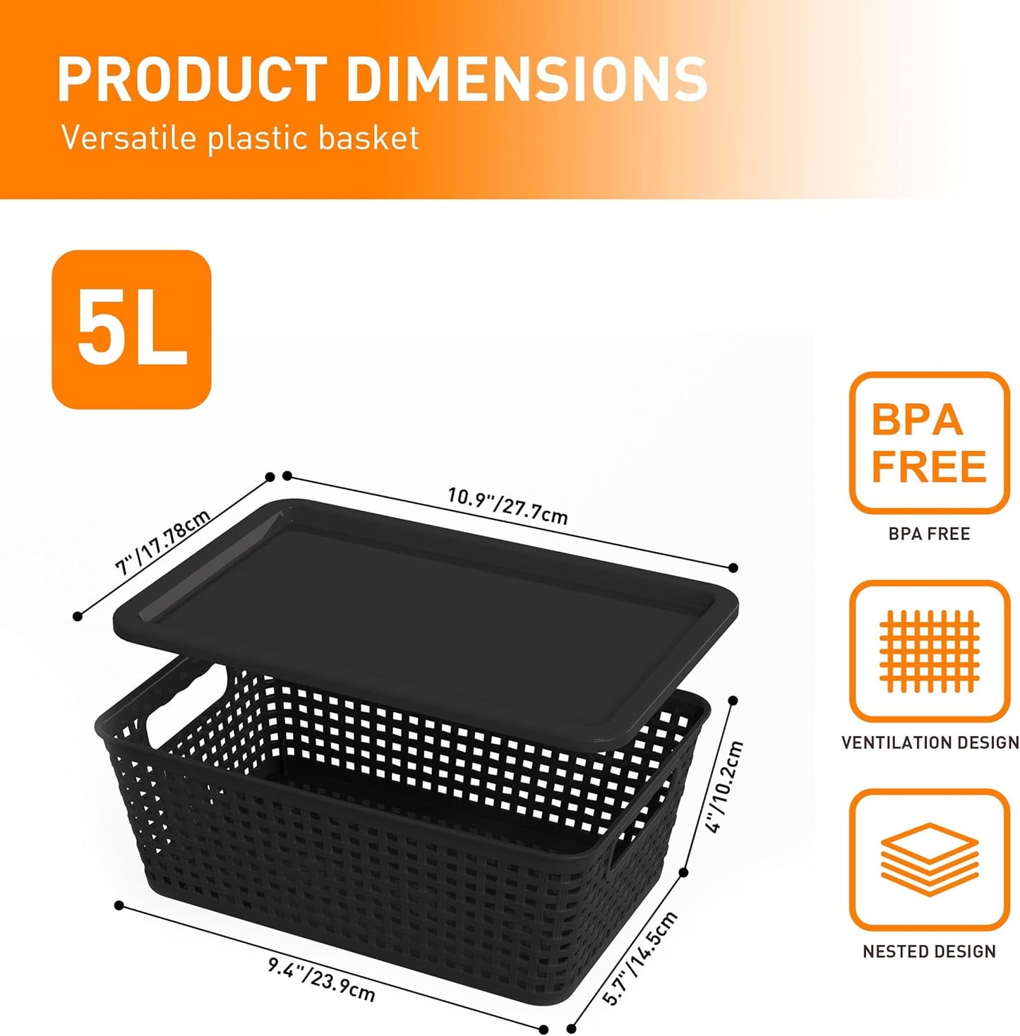 Plastic Storage Baskets With Lid, Storage Bins for Organizing, Stackable Decorative Containers for Shelves Drawers Desktop Closet Playroom Classroom Office, 8 Pack-Black