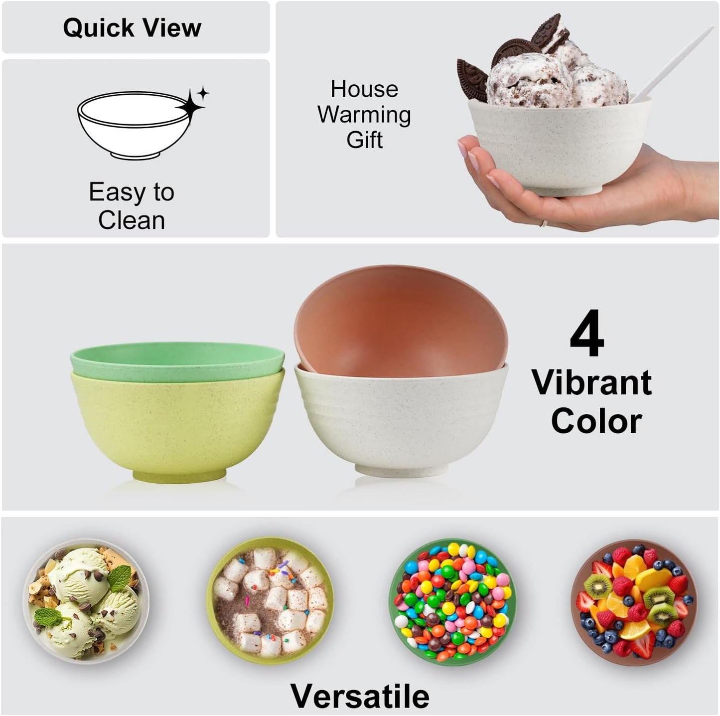 10oz Wheat Straw Bowls Set of 6, Unbreakable Ice Cream Bowl Sets for Kids, Snack Bowls Dishwasher and Microwave Safe