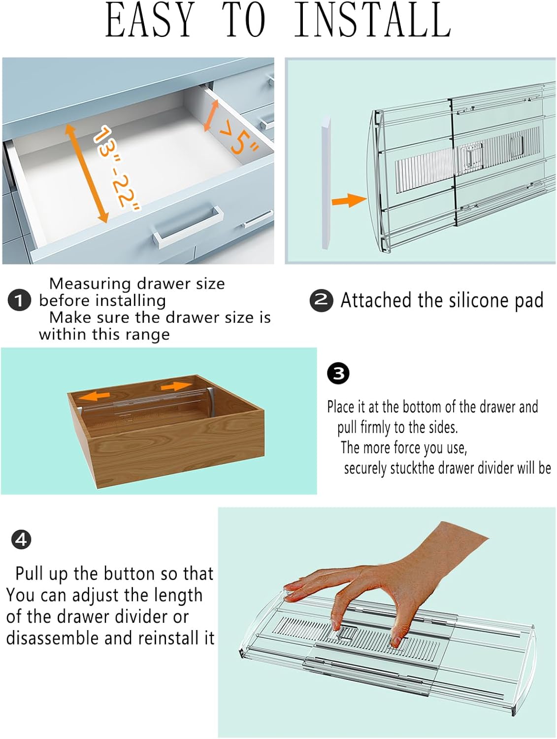 6 Pack Adjustable Drawer Dividers for Clothes,5" High Expandable From 13-22" Clear Drawer Organizers, PC Plastic Separators for Dresser/Bedroom/Bathroom/Kitchen/Office Storage